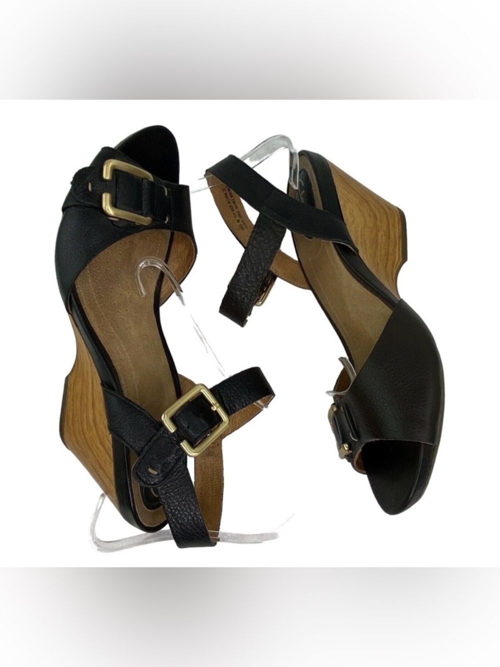 Clarks Black Leather Cross-Strap Sandals with Gold Buckles - Picture 2 of 12